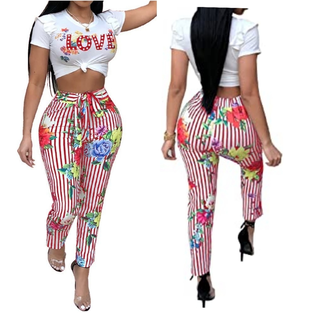 Short Sleeve Letter Floral Print Crop Top + Long Pants Two-Piece Jumpsuit Outfit